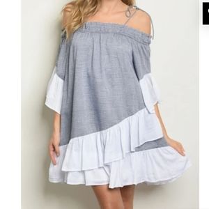 HOMMAGE Los Angeles LARGE Flowy Cotton BLUE & White Dress NWOT